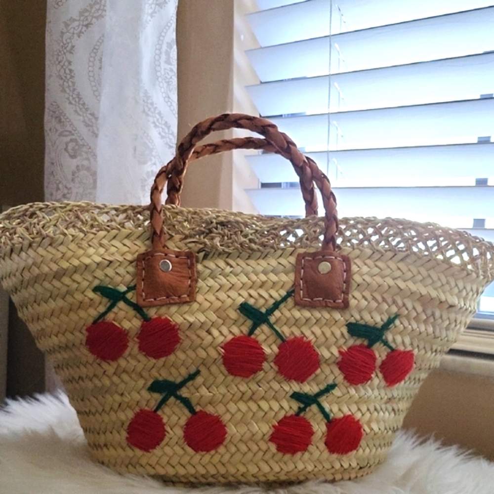 Straw Tote Bag with Red Cherry Design Is In Perfect Condition.